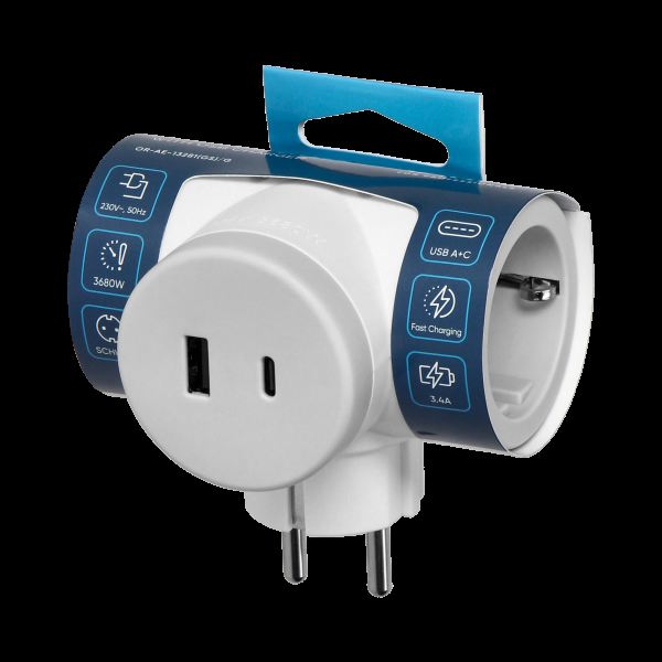 ORNO Ladron de 2 tomas Schuko y 1 toma USB-A y USB-C, modelo ORAE13281(gs)/g, alargador con puertos de carga rapida