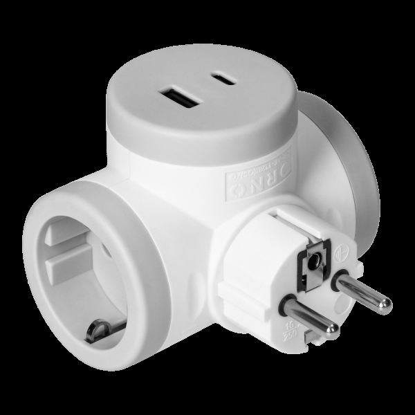ORNO Ladron de 2 tomas Schuko y 1 toma USB-A y USB-C, modelo ORAE13281(gs)/g, alargador con puertos de carga rapida