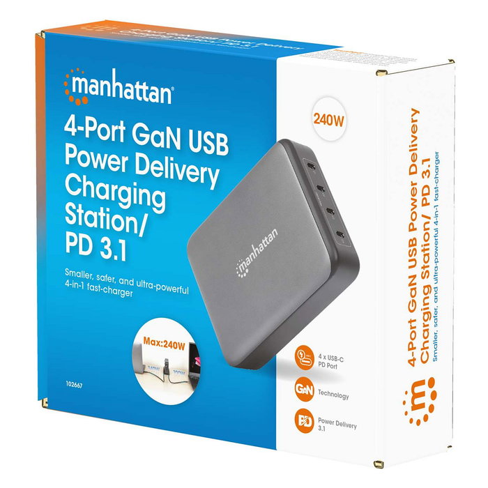 MANHATTAN Estación de carga GaN USB Power Delivery 240 W 4 puertos USB-C MANHATTAN Estación de carga GaN USB Power Delivery 240 W 4 puertos USB-C
