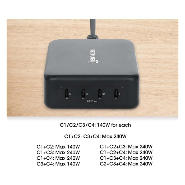 MANHATTAN Estación de carga GaN USB Power Delivery 240 W 4 puertos USB-C MANHATTAN Estación de carga GaN USB Power Delivery 240 W 4 puertos USB-C