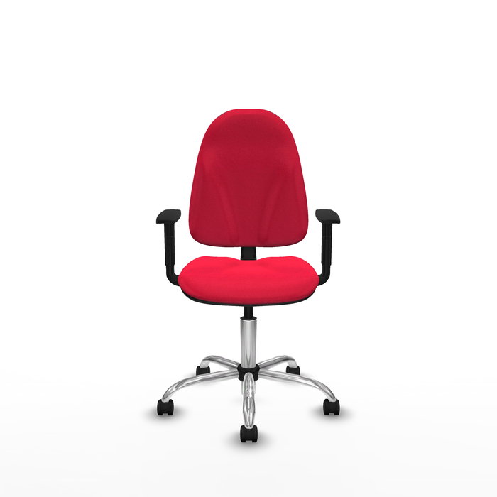 Silla de oficina Algarra con mecanismo Contacto permanente básico tapizada con Tela color Rojo. Equipada con Base cromada, Brazos 1D y Ruedas de nailon 50 mm