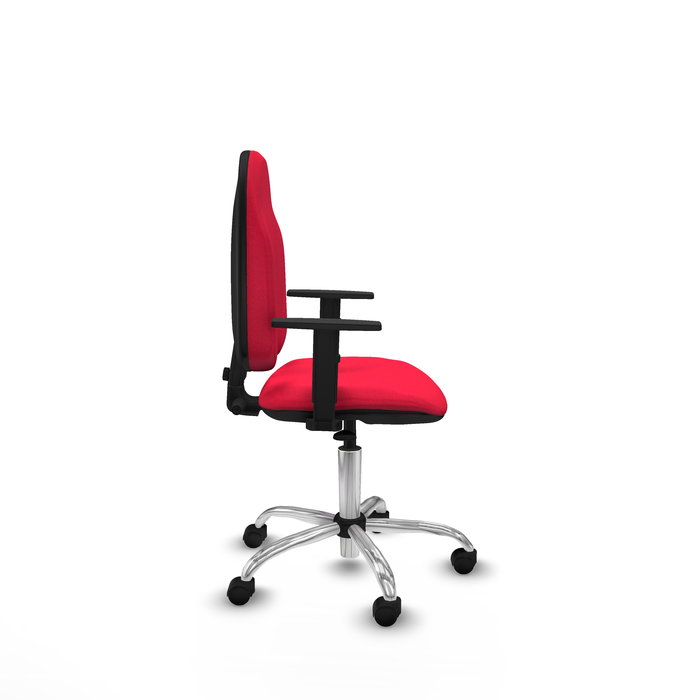 Silla de oficina Algarra con mecanismo Contacto permanente básico tapizada con Tela color Rojo. Equipada con Base cromada, Brazos 1D y Ruedas de nailon 50 mm