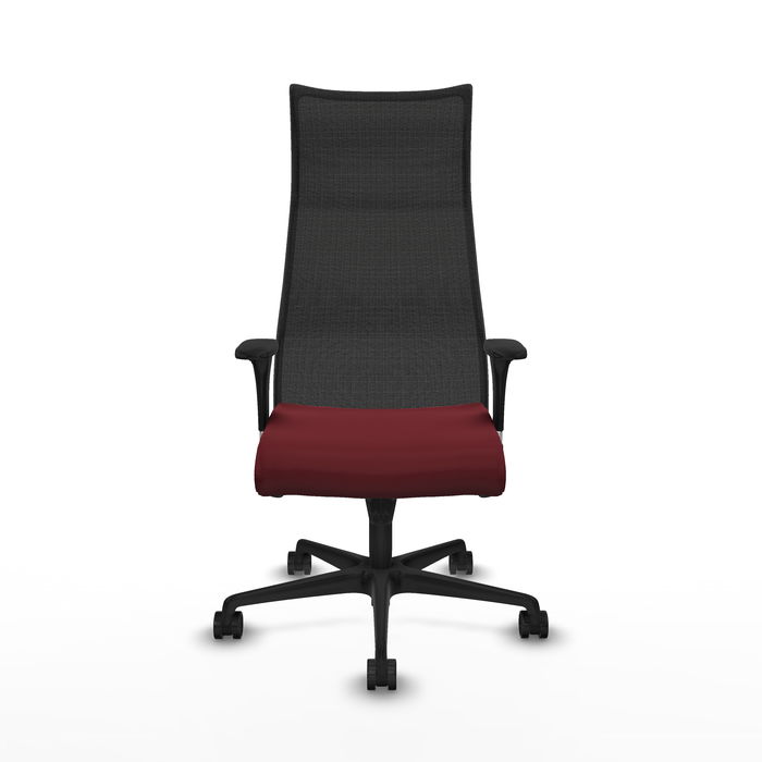 Sillón Albacete con mecanismo Sincro tapizada con Similpiel color Granate y malla color Negro. Equipado con Base nailon negra, Brazos 1D y Ruedas 65mm nailon