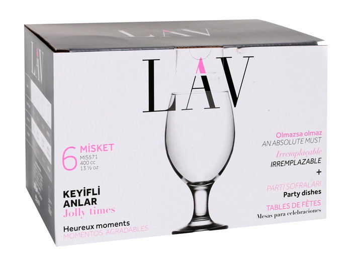 Lav Set de 6 Copas de Cerveza Misket, Capacidad 400 cc, Dimensiones: 17.9 cm Ancho x 17 cm Alto x 26.1 cm Largo (4 Cajas)