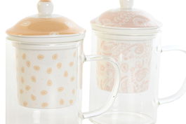 DKD Home Decor Mug Infusiones Shabby Rosa Azul Porcelana Cristal 8 x 14.5 x 12 cm 300ml