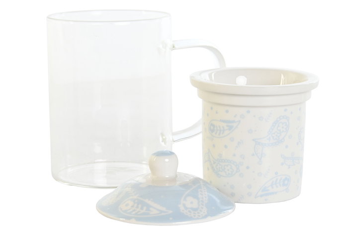 DKD Home Decor Mug Infusiones Shabby Rosa Azul Porcelana Cristal 8 x 14.5 x 12 cm 300ml