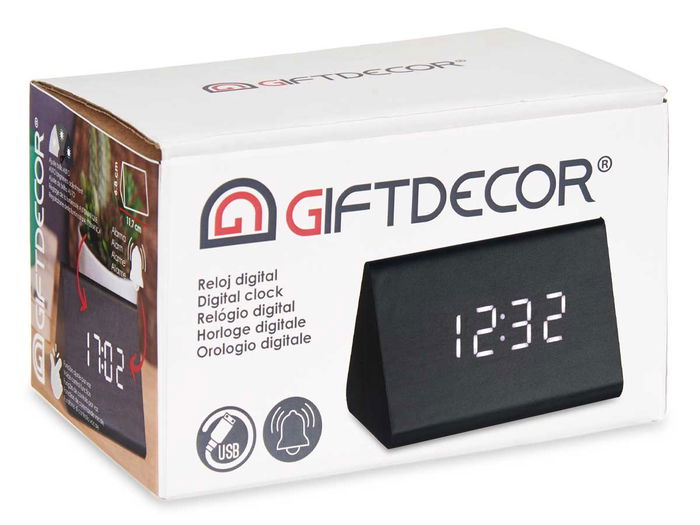 Giftdecor Reloj Digital Negro 11.7 x 7.5 x 8 cm con Cable USB / Pilas AAA (Set de 12)