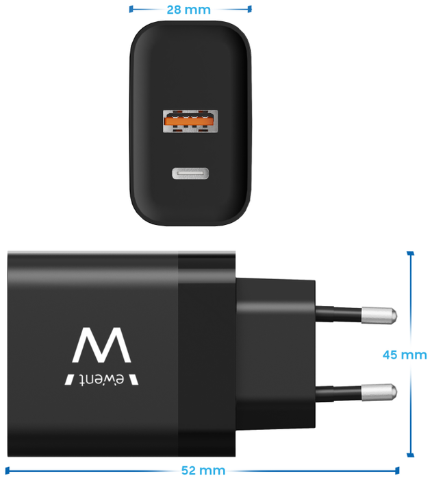 EWENT EW1327 Cargador Rápido GaN Fast 45W USB-C + USB-A, para iPhone 15/14, MacBook, Android Power Delivery y Portátiles, Negro EWENT EW1327 Cargador Rápido GaN Fast 45W USB-C + USB-A, para iPhone 15/14, MacBook, Android Power Delivery y Portátiles, Negro