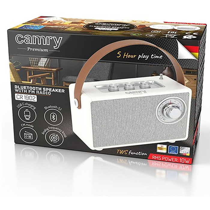 Camry Radio CR 1902 Altavoz Bluetooth Portátil con Radio FM (87-108 MHz), Sintonizador Analógico, Auxiliar, TWS, SD Card, USB-C Carga, Blanco