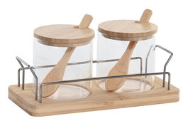 DKD Home Decor Set de 2 Azucareros de Cristal y Bambú