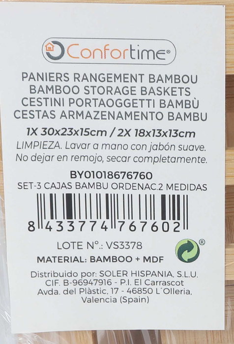 Confortime Set 3 Cajas de Bambú para Organización con 2 Medidas (18x13x13 cm) (4 Unidades)