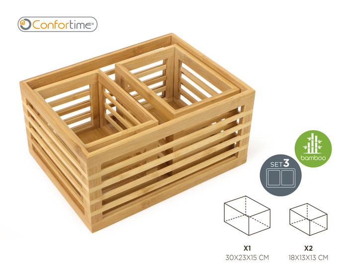 Confortime Set 3 Cajas de Bambú para Organización con 2 Medidas (18x13x13 cm) (4 Unidades)