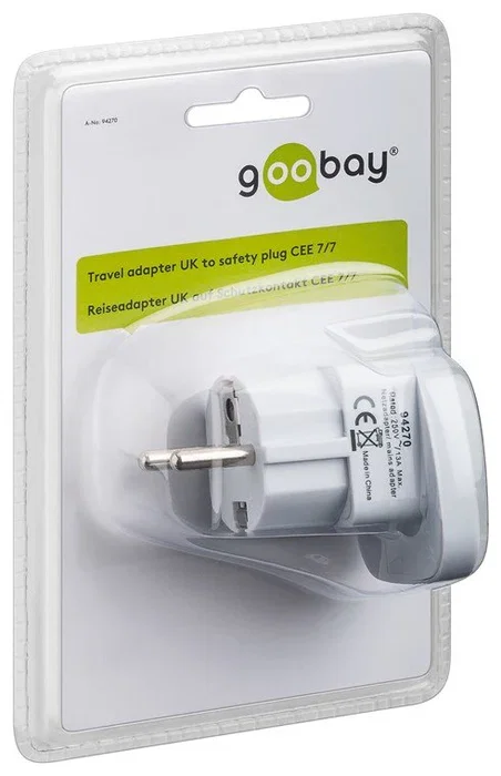 Goobay 942709 Adaptador de Enchufe Eléctrico Tipo F a Tipo G (UK/BS), Blanco, 13A, 250V, 3250W