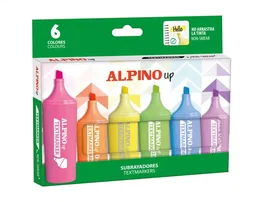 Alpino UP Rotulador Fluorescente, Punta Biselada 2-5 mm, Caja de 6 Unidades - Colores Surtidos, Tinta de Secado Rápido y Anti Borrones