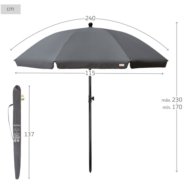 Aktive Garden Sombrilla para jardín 240 cm Protección UV30 Gris Aktive Garden Sombrilla para jardín 240 cm Protección UV30 Gris