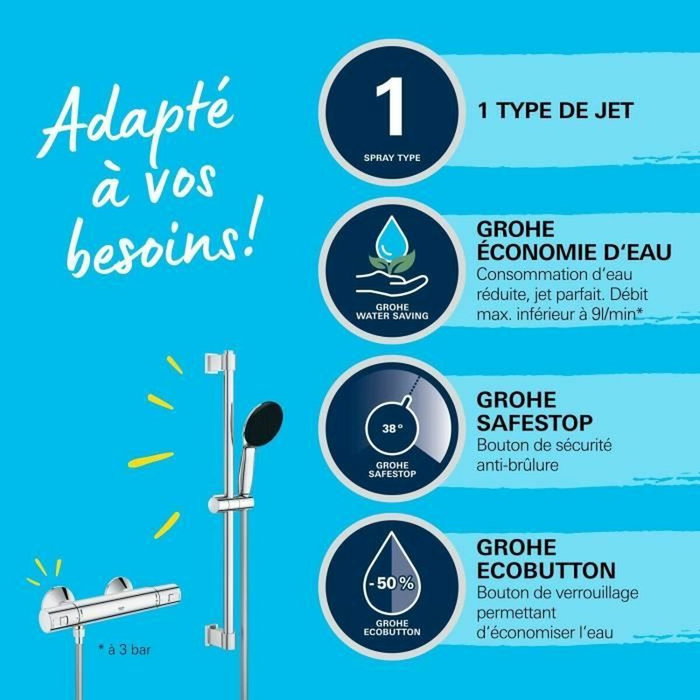 Grohe Conjunto de ducha con mezclador termostático, rociador de 1 chorro, barra de 60 cm y flexo - Cromo Grohe Conjunto de ducha con mezclador termostático, rociador de 1 chorro, barra de 60 cm y flexo - Cromo