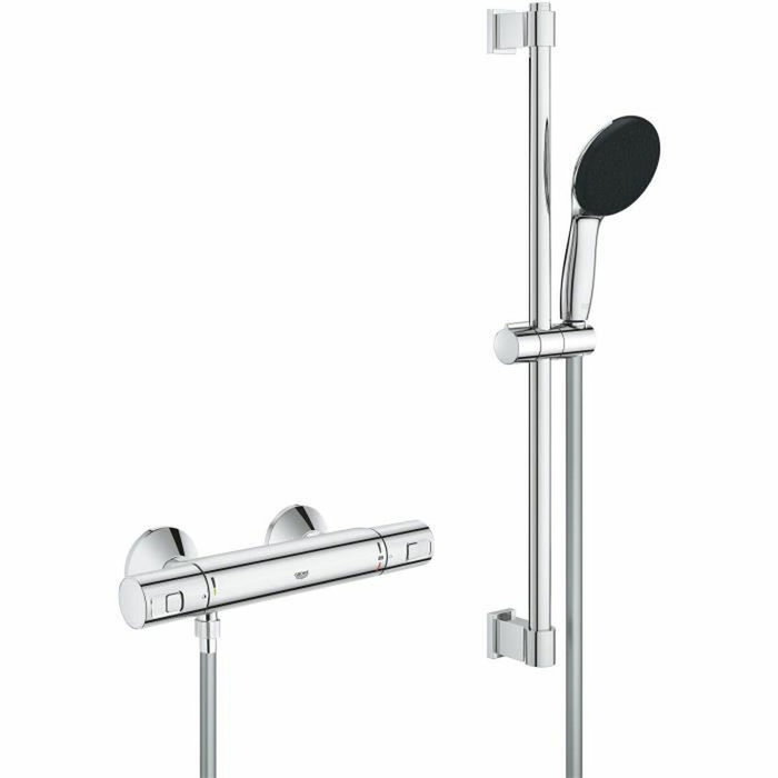 Grohe Conjunto de ducha con mezclador termostático, rociador de 1 chorro, barra de 60 cm y flexo - Cromo Grohe Conjunto de ducha con mezclador termostático, rociador de 1 chorro, barra de 60 cm y flexo - Cromo