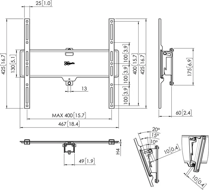 Vogels PFI 3050 Interfaz de Montaje para Techo para Pantallas hasta 65" con VESA 400x400 mm, Ajuste de Inclinación 0-20°, Peso Máximo 25 kg