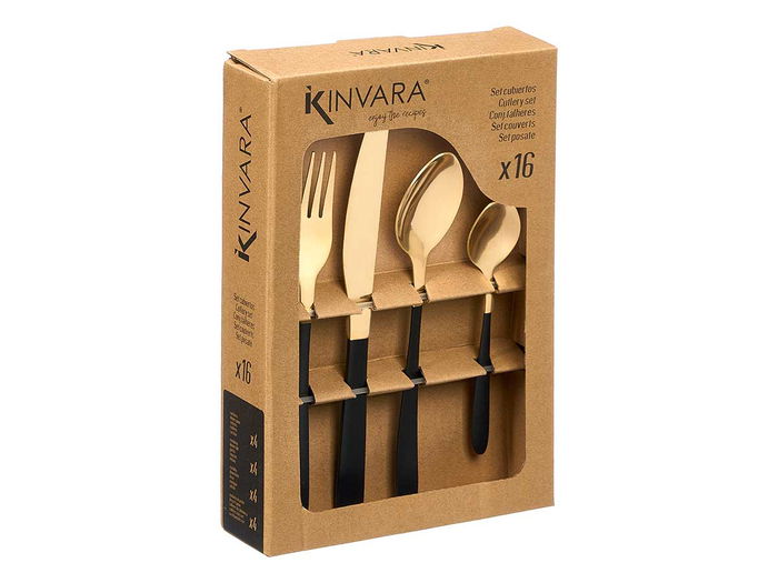 Kinvara Set 16 Cubiertos Negro Dorado 17x25x5.5 cm Acero Inoxidable y PVD (Set de 6)
