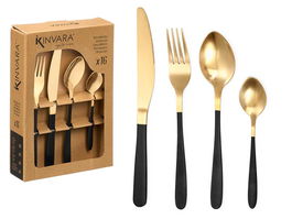 Kinvara Set 16 Cubiertos Negro Dorado 17x25x5.5 cm Acero Inoxidable y PVD (Set de 6)