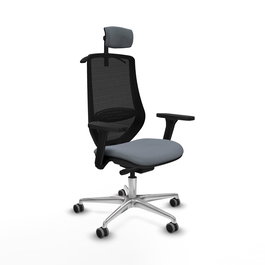 Silla de oficina Mardos con mecanismo Sincro/Traslack tapizada con Tela color Gris y malla color Negro. Equipada con lumbar 1D, Brazos 3D, Cabecero 2D y Ruedas 65 mm parqué
