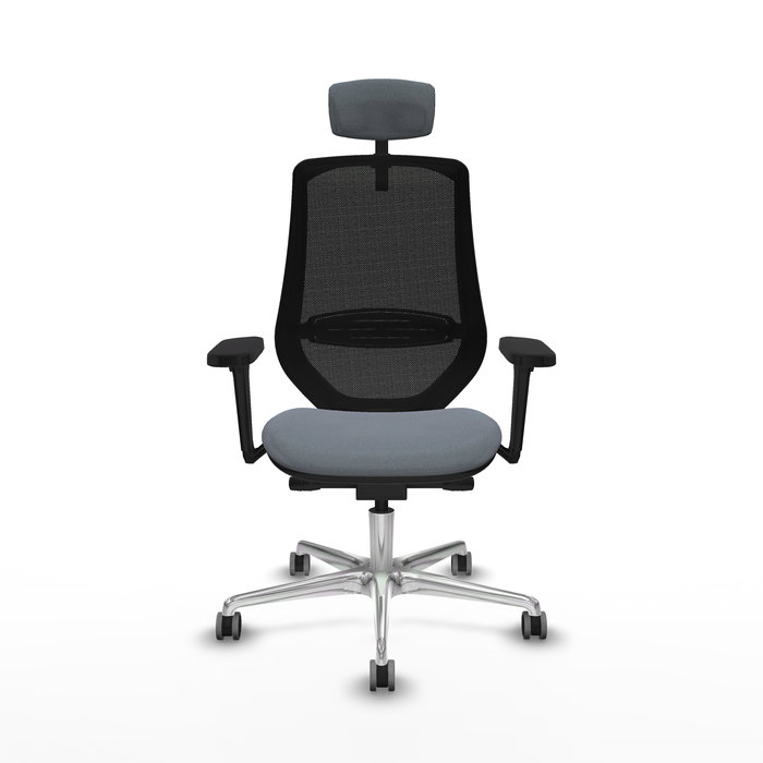 Silla de oficina Mardos con mecanismo Sincro/Traslack tapizada con Tela color Gris y malla color Negro. Equipada con lumbar 1D, Brazos 3D, Cabecero 2D y Ruedas 65 mm parqué
