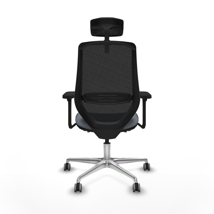 Silla de oficina Mardos con mecanismo Sincro/Traslack tapizada con Tela color Gris y malla color Negro. Equipada con lumbar 1D, Brazos 3D, Cabecero 2D y Ruedas 65 mm parqué