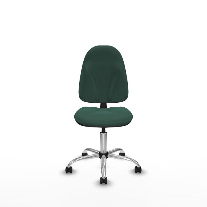 Silla de oficina Algarra con mecanismo Contacto permanente básico tapizada con Tela color Verde botella. Equipada con Base cromada, Sin brazos y Ruedas de parqué