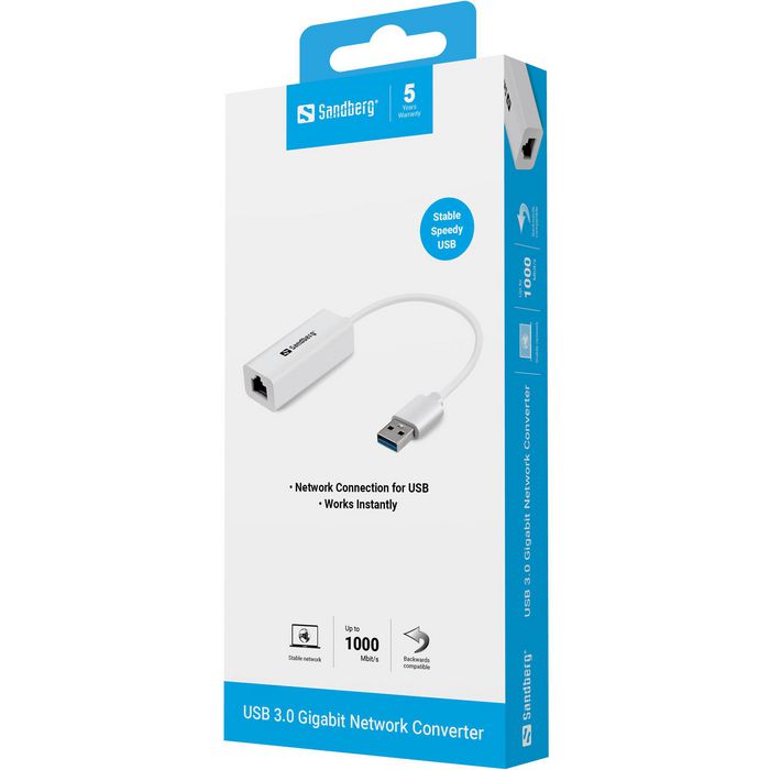 Sandberg Adaptador de Red USB 3.0 Gigabit para Ordenador, Conexión Rápida y Estable