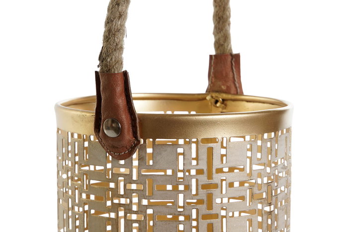 DKD Home Decor Set de 3 Portavelas Modernos de Metal con Detalles en Yute, Blanco y Dorado, 25 cm Ancho x 35 cm Alto