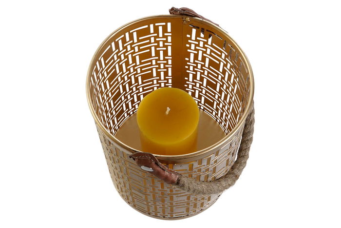 DKD Home Decor Set de 3 Portavelas Modernos de Metal con Detalles en Yute, Blanco y Dorado, 25 cm Ancho x 35 cm Alto