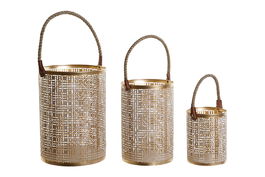 DKD Home Decor Set de 3 Portavelas Modernos de Metal con Detalles en Yute, Blanco y Dorado, 25 cm Ancho x 35 cm Alto