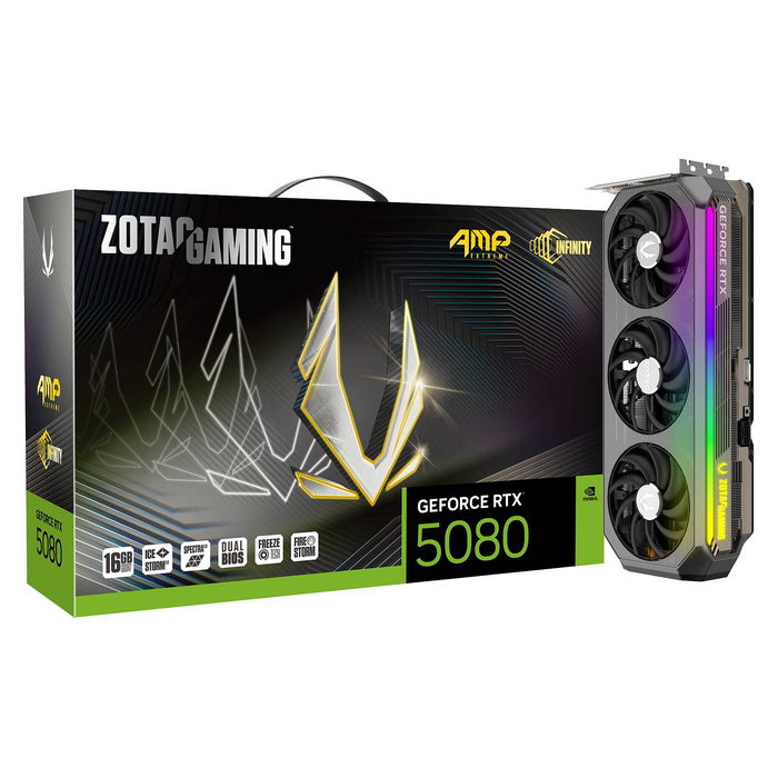 ZOTAC GeForce RTX 5080 AMP Extreme Infinity 16GB GDDR7 Tarjeta Gráfica PCIe 5.0 Triple Ventilador 8K Gaming NVIDIA
