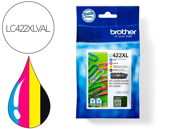 Brother LC422XLVAL Pack de 4 Cartuchos de Tinta XL (BK/C/M/Y) de Alta Capacidad
