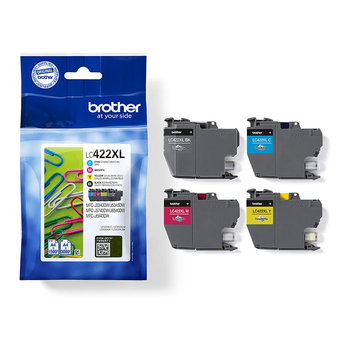 Brother LC422XLVAL Pack de 4 Cartuchos de Tinta XL (BK/C/M/Y) de Alta Capacidad
