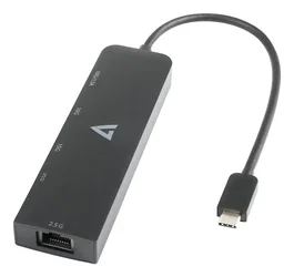 V7 V7UCRJ25GHUB-BLK Hub USB-C con Ethernet 2.5 Gigabit, 3 Puertos USB 3.0, USB Power Delivery 100W, USB 3.2 Gen 1, Negro