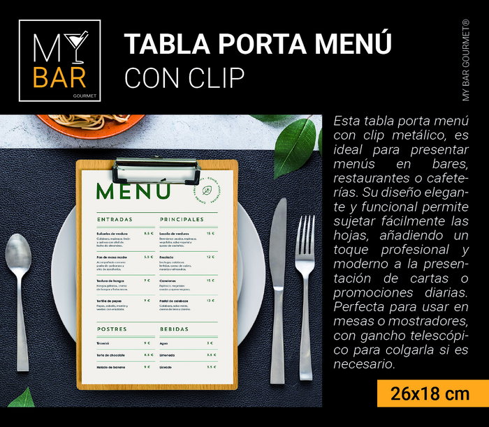 My Bar Tabla Porta Menú con Clip 26 cm x 18 cm (24 Unidades)