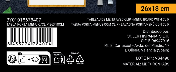 My Bar Tabla Porta Menú con Clip 26 cm x 18 cm (24 Unidades)