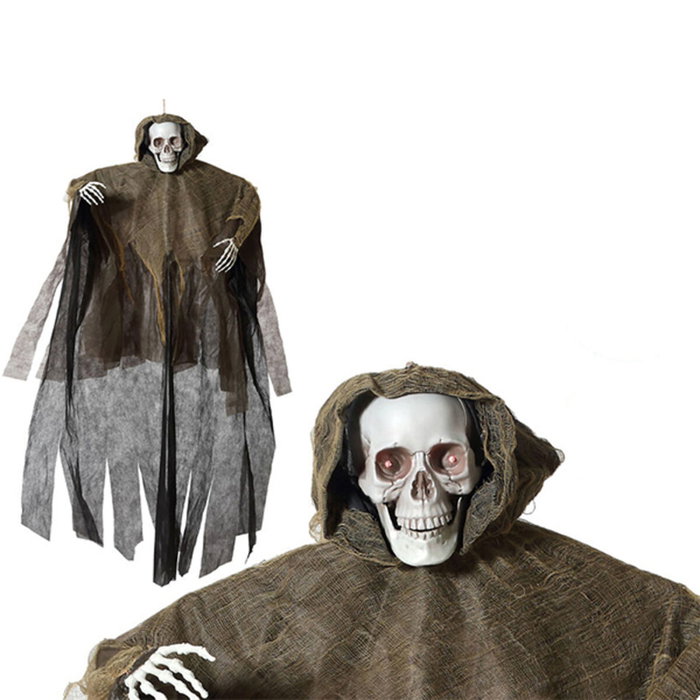 Atosa Decoración Halloween - Calavera Colgante con Capucha Marrón 173 cm con Luz y Sonido