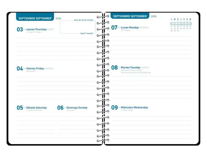 Liderpapel Agenda Escolar Espiral Basic 2026-2027 A5 Bilingüe Español Semana Vista Papel FSC 70g Negro