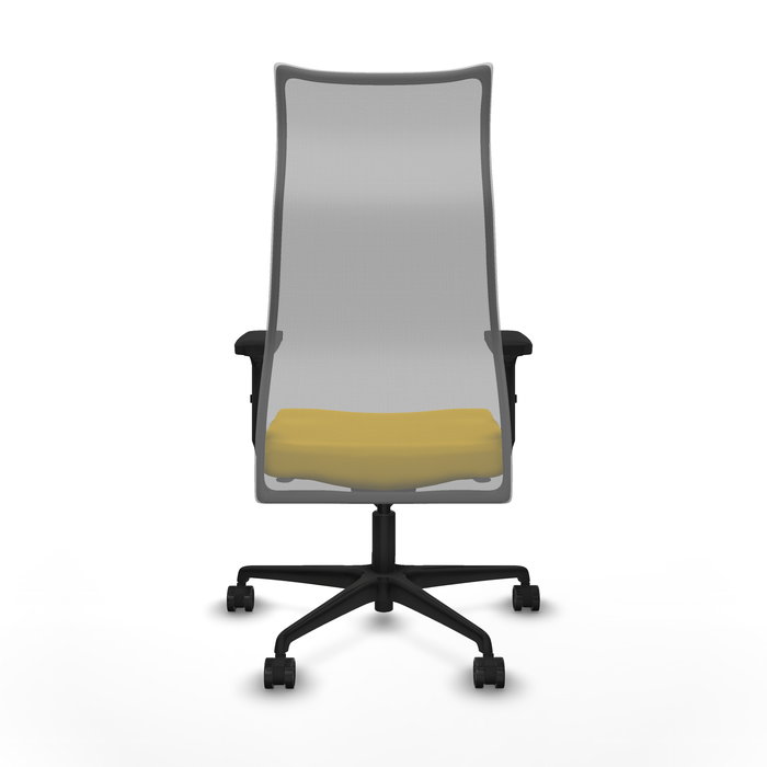 Sillón Albacete con mecanismo Sincro tapizada con Similpiel color Amarillo y malla color Gris. Equipado con Base nailon negra, Brazos 2D y Ruedas 65mm nailon