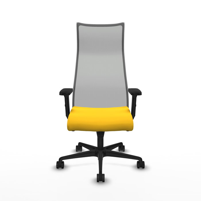 Sillón Albacete con mecanismo Sincro tapizada con Similpiel color Amarillo y malla color Gris. Equipado con Base nailon negra, Brazos 2D y Ruedas 65mm nailon