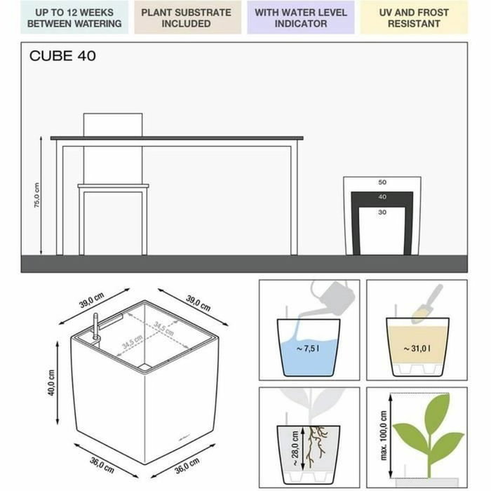Lechuza Maceta Cube Premium 40, juego completo, blanco brillante