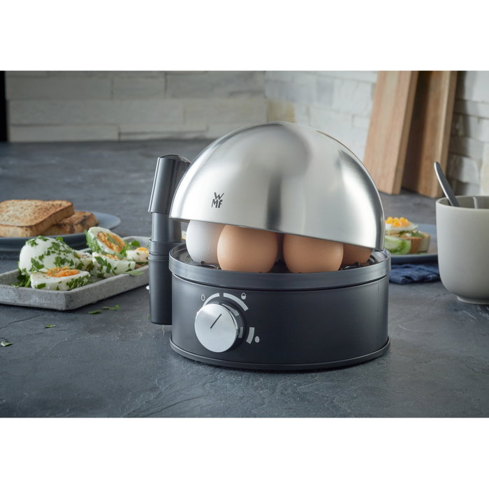 WMF Stelio 0415070011 Cocedor de Huevos, 7 Huevos, Consistencia Ajustable (Duro, Medio, Suave), 380 W, Negro y Cromo