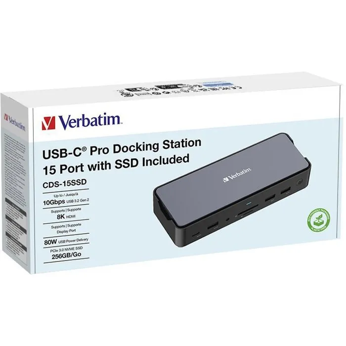 Verbatim Estación de Acoplamiento Portátil Pro CDS-15SSD con SSD de 256 GB, USB-C 3.2, Gris