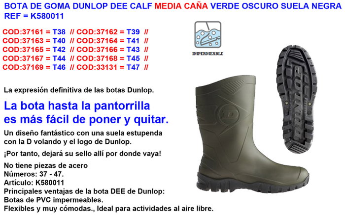 Dunlop Bota de Goma Media Caña Verde Talla 42 Dunlop Bota de Goma Media Caña Verde Talla 42