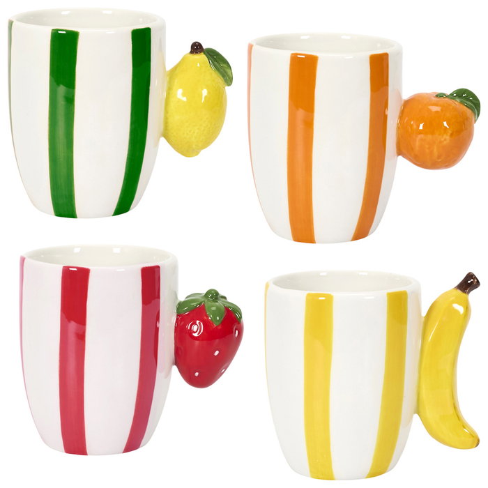 Home Deco Factory Dolce Vita Mug Taza Cerámica con Asa Forma Fruta (Naranja, Limón, Fresa, Plátano) 300 ml