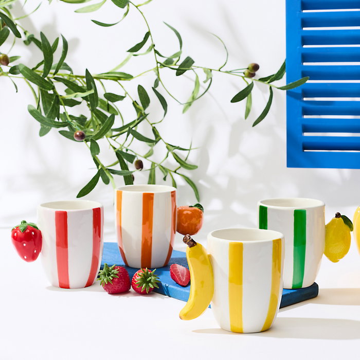 Home Deco Factory Dolce Vita Mug Taza Cerámica con Asa Forma Fruta (Naranja, Limón, Fresa, Plátano) 300 ml