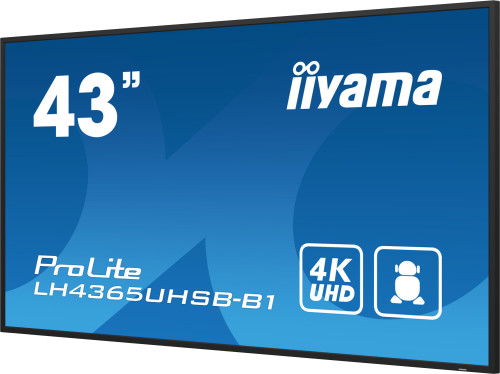 Iiyama LH4365UHSB-B1 Monitor Profesional 43" 4K UHD IPS 800 cd/m², Android 11, 24/7, WiFi, LAN, 2x HDMI, DP, USB, Altavoces 20W, Montaje VESA 400x400mm