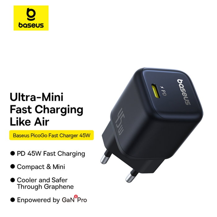 Baseus PicoGo GaN Cargador 45W USB-C Negro EU Baseus PicoGo GaN Cargador 45W USB-C Negro EU